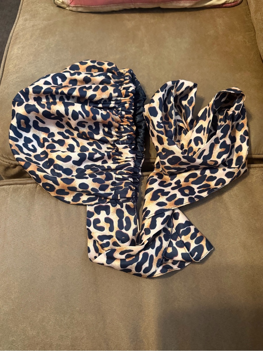 Leopard Satin Hair Bonnet and Scarf Set - Black & Tan